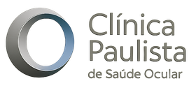 Logotipo da Clínica Paulista de Saúde Ocular. Forma circular cinza e azul à esquerda. Texto cinza à direita.