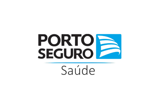 Logotipo da Porto Seguro Saúde. Texto preto, quadrado azul com linhas curvas brancas.