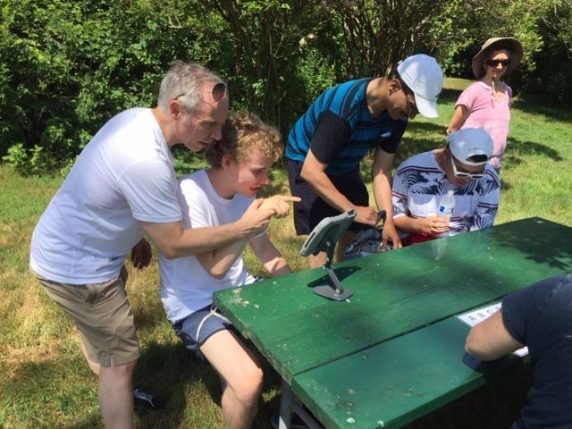 Group of people using a tablet at a green picnic table outside; one man points to the screen.
