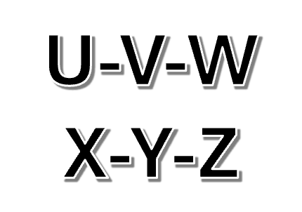 Letters U, V, W, X, Y, and Z in black, with white drop shadows, arranged in two rows.