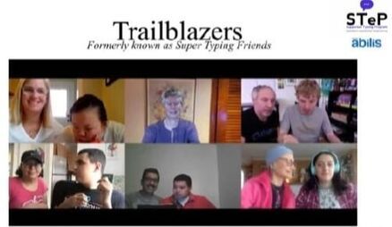 A video call with nine people, smiling and looking at the camera. Text: