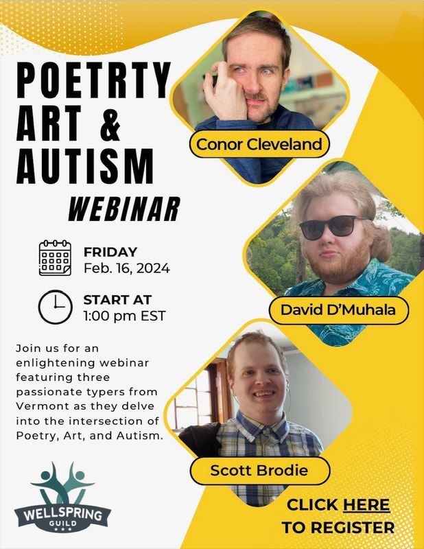 Webinar announcement featuring three panelists discussing Poetry, Art & Autism, with yellow background, Friday, Feb. 16, 1:00 pm EST.