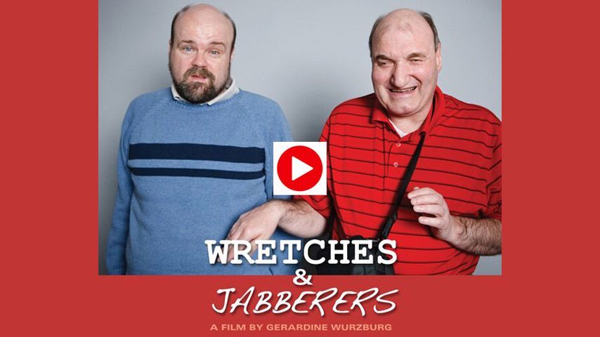 Two men, one in blue, one in red, posing. Title: Wretches & Jabberers.