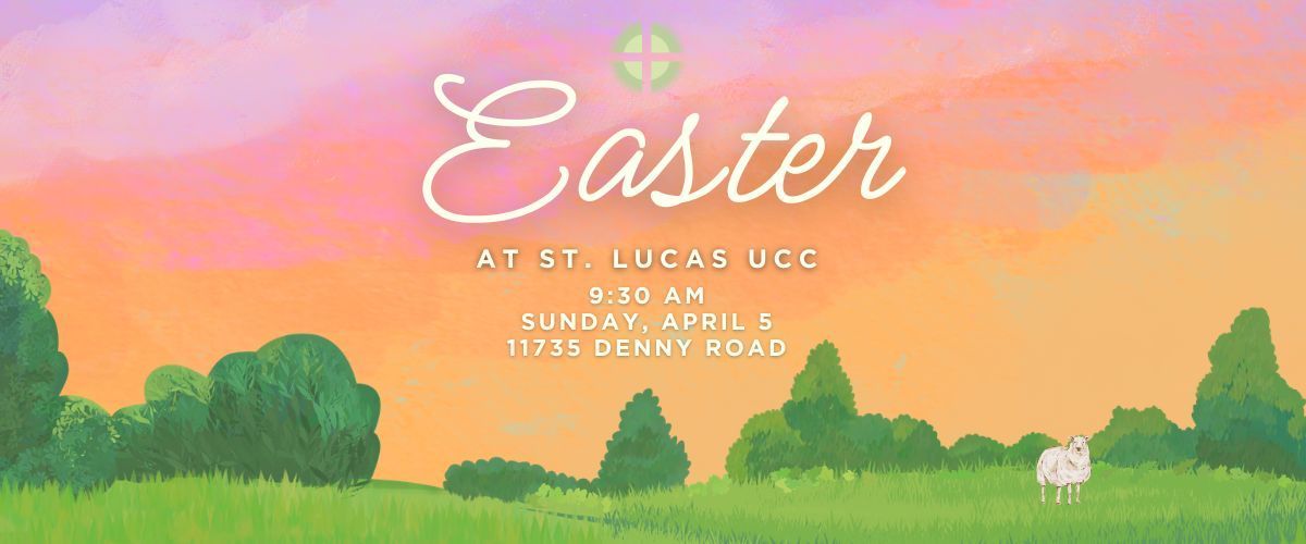 Easter service invitation at St. Luke's UMC on Sunday, April 9 at 9:00 AM, featuring a sunrise landscape with a lamb.