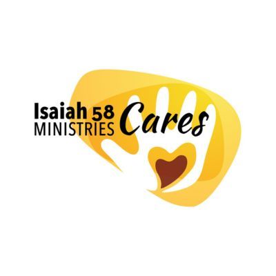 Logo for Isaiah 58 Ministries, featuring a hand and heart overlay in shades of yellow and brown, with text 