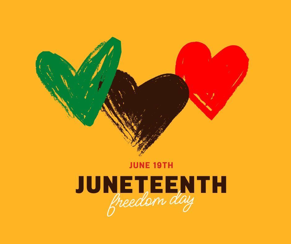 Juneteenth design: Green, black, and red heart shapes over yellow with