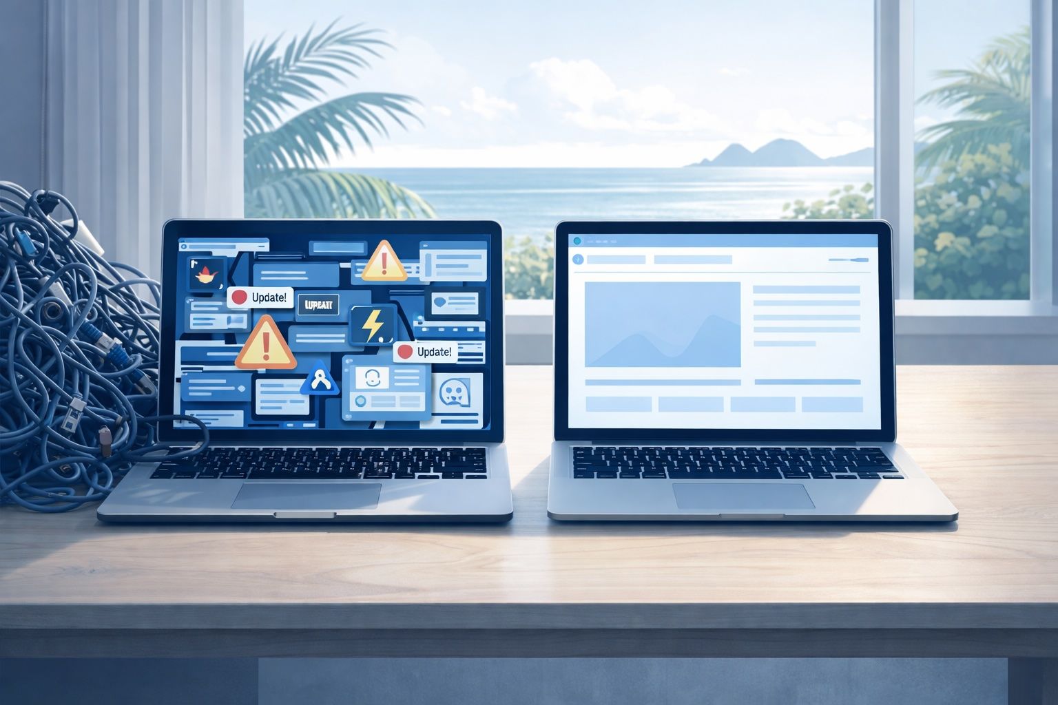 Two laptops on a wooden desk. One is overwhelmed with alert notifications; the other displays a clean, empty interface.