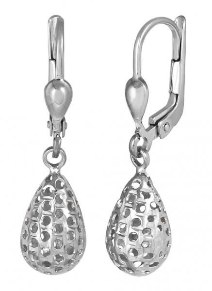 Silver teardrop-shaped dangle earrings with textured, hammered surface