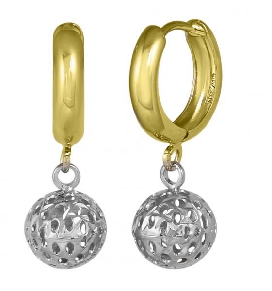 Gold hoop earrings with silver dangling filigree spheres