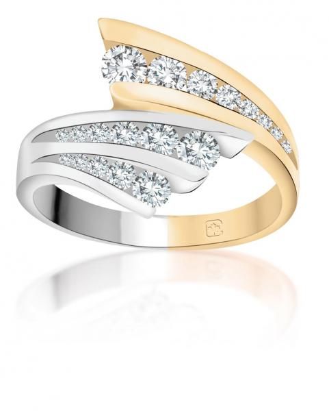 Interlocking gold and silver rings with diamond accents on a white background