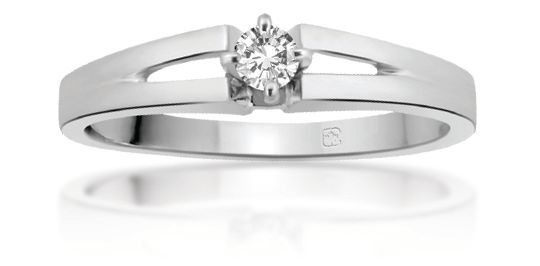 Silver ring with a central diamond solitaire on a white background