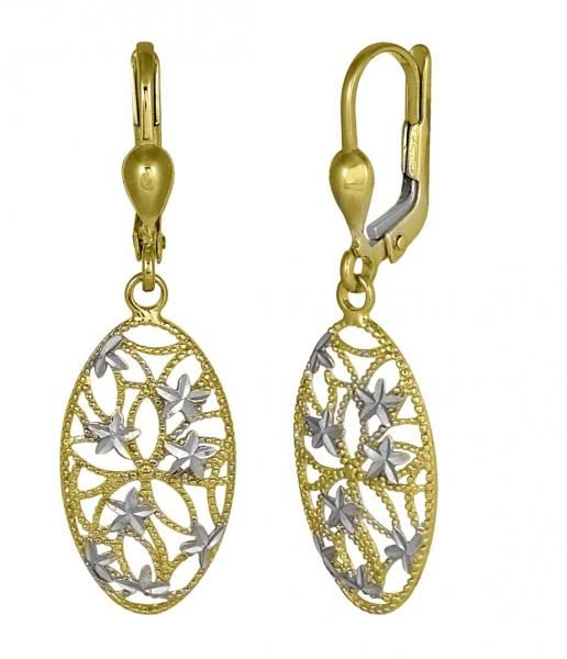 Gold and silver oval filigree drop earrings with floral starburst patterns
