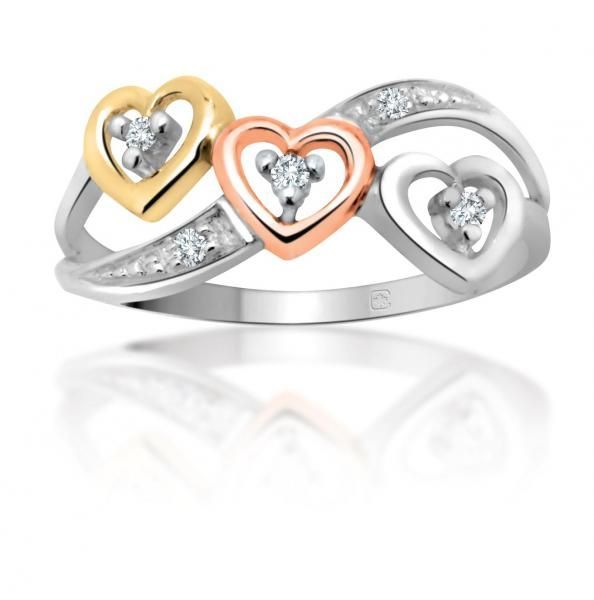 Three-tone heart ring with gold, rose gold, and silver hearts set with small diamonds