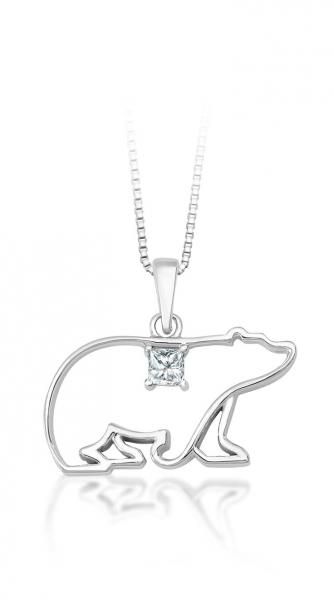 Silver polar bear necklace pendant on a chain, with a small diamond accent.