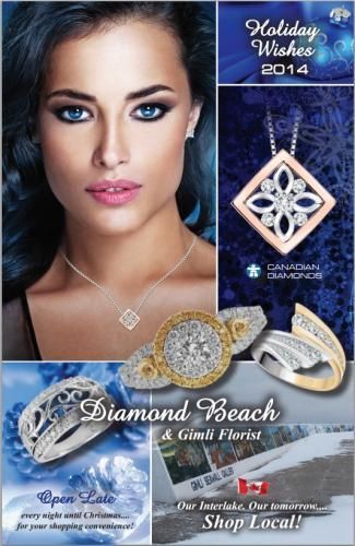 Diamond Beach holiday jewelry ad with blue-eyed model, snowflakes, and diamond pendant designs
