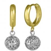 Gold hoop earrings with silver filigree drop spheres