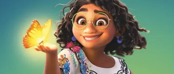 A cartoon girl is holding a butterfly in her hand.