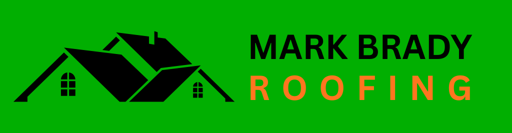 Mark Brady Roofing logo with black roof graphic on bright green background