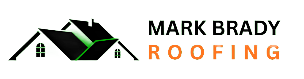 Mark Brady Roofing logo with a black and green roof graphic and orange text