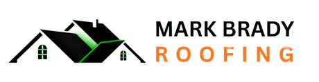 Mark Brady Roofing logo with a black and green roof graphic and orange text