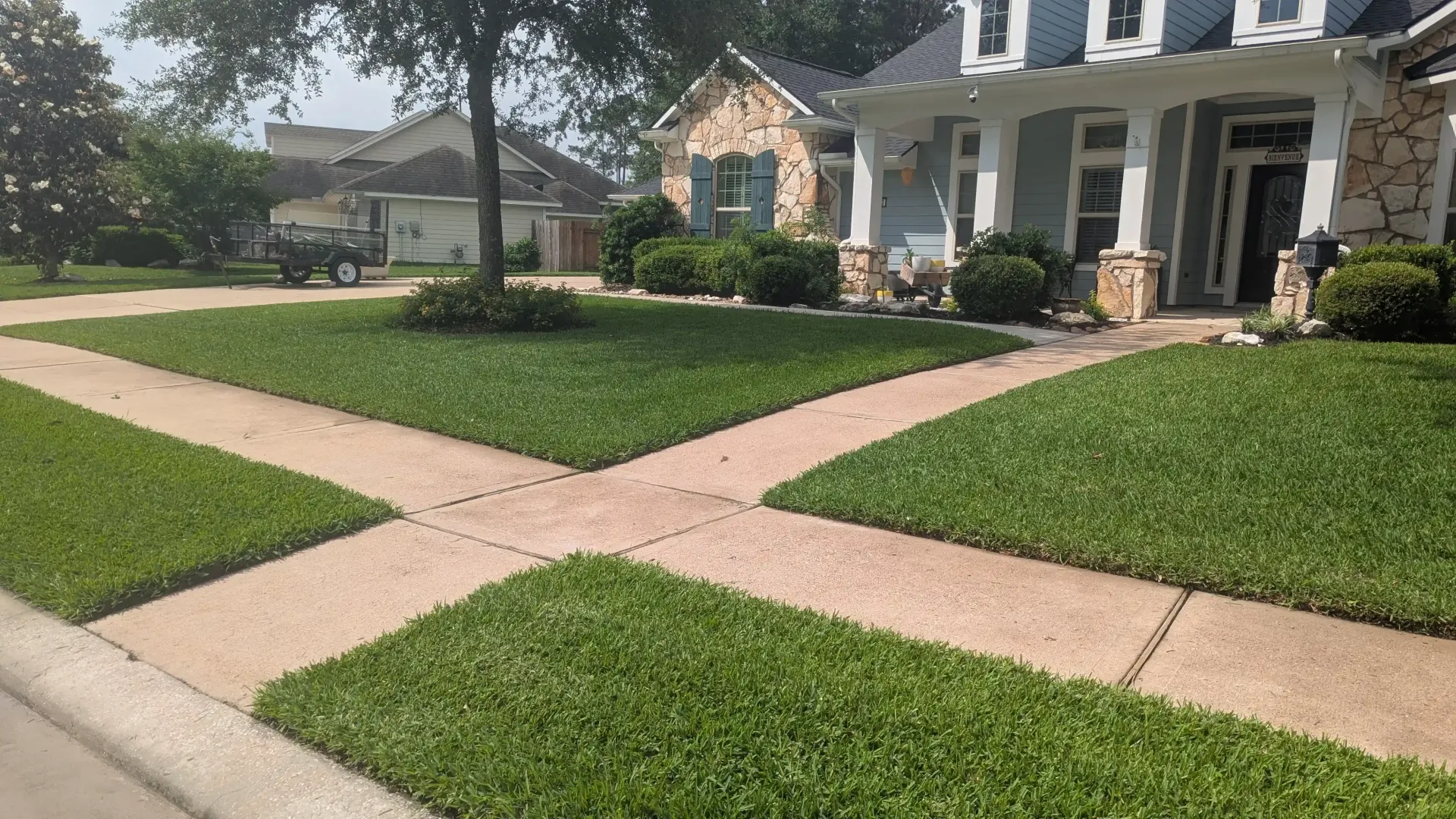 A house with a lush green lawn and a sidewalk in front of it.