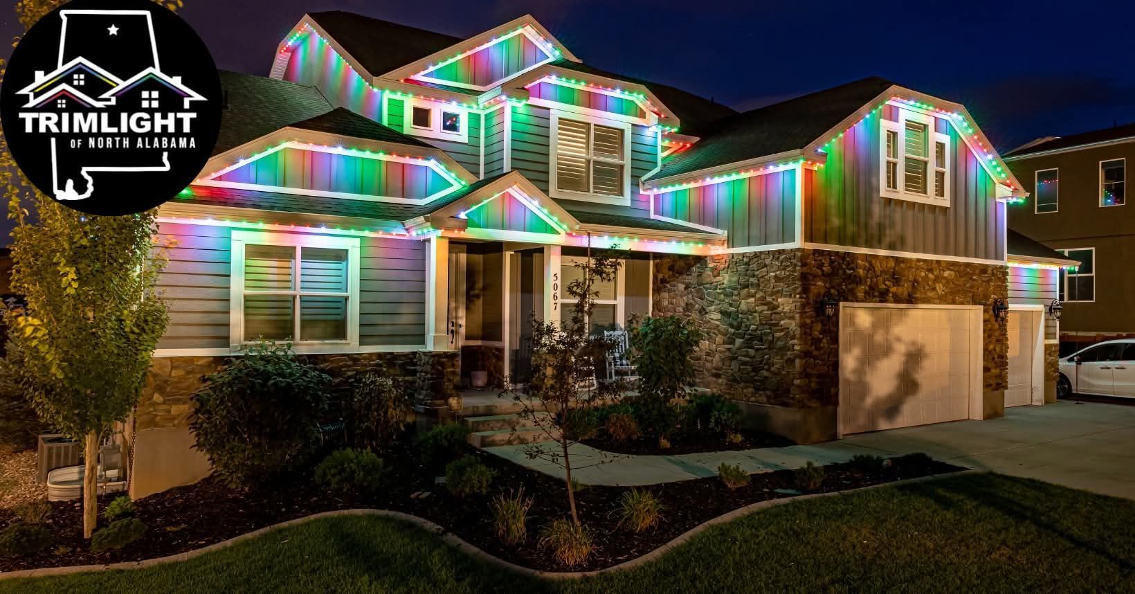 House with colorful lights outlining the roof, displaying the Trimlight logo.