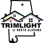 Logo for Trimlight of North Alabama, featuring outline of Alabama with a star, three colorful houses, and text.