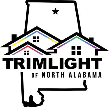 Logo for Trimlight of North Alabama, featuring outline of Alabama with a star, three colorful houses, and text.