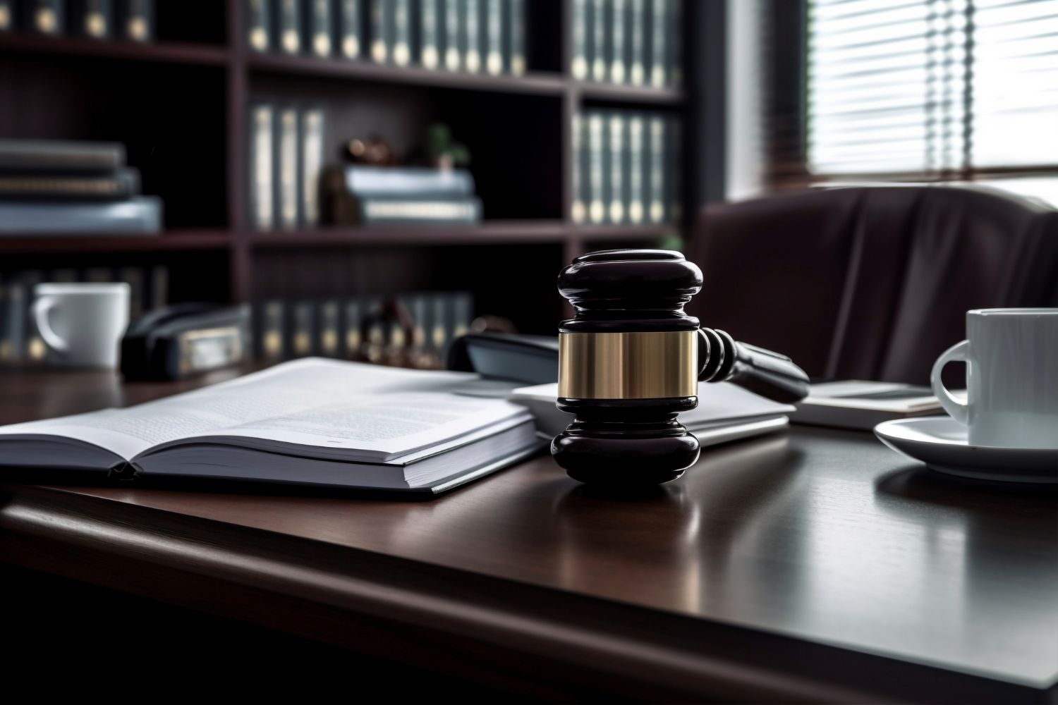 Judge’s gavel on a wooden desk beside an open book and coffee cup in a law office