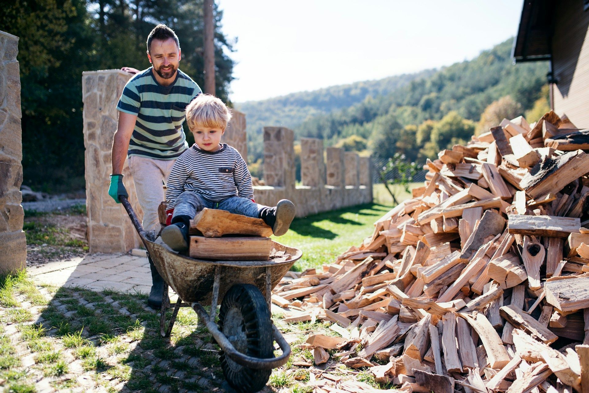Man and child in a wheelbarrow beside a large pile of chopped firewood outdoors