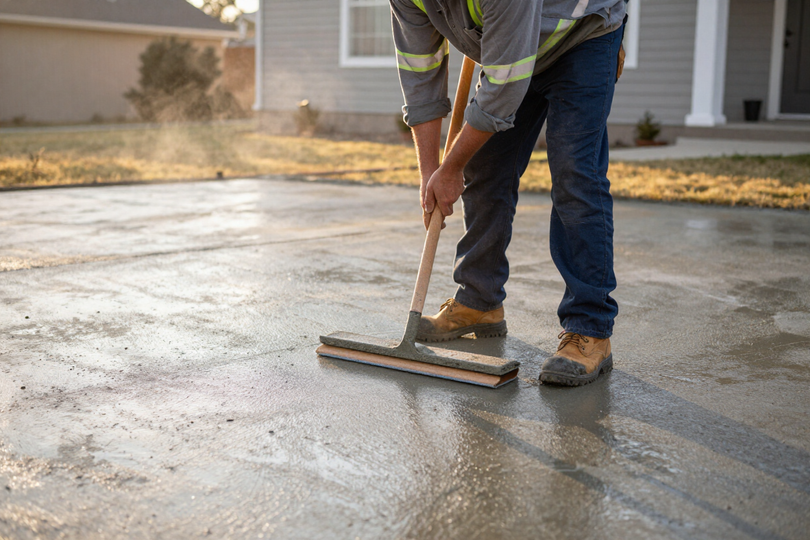 Concrete finisher using a bull float on a freshly poured driveway slab