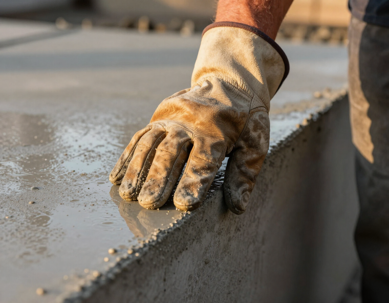 Concrete worker's hand on finished slab