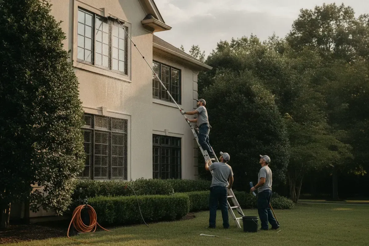 Exterior windows and professional cleaning equipment at a home