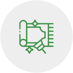 A green line drawing of a rug with a brush and a measuring tape.