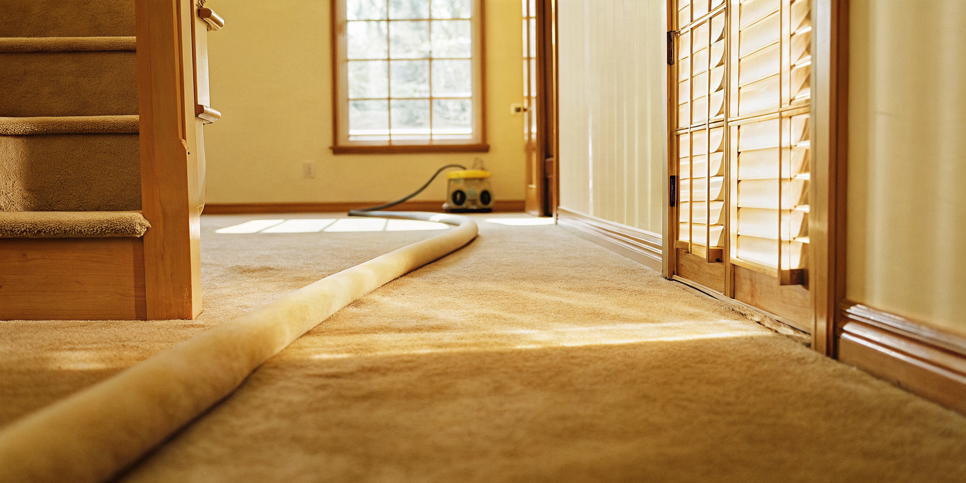 Bright living room with furniture moved aside to prepare for professional carpet cleaning