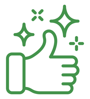 A green line icon of a hand giving a thumbs up with stars around it.