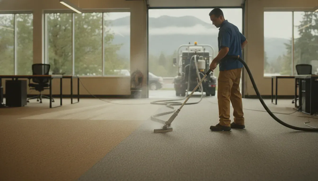 Professional carpet cleaning equipment in a bright commercial office