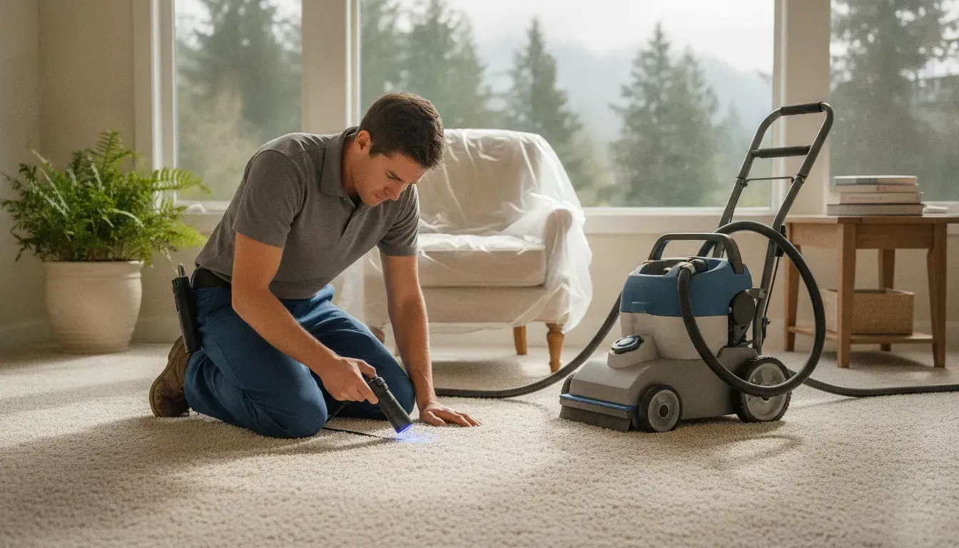 Professional carpet odor removal service with cleaning equipment in a Pacific Northwest home