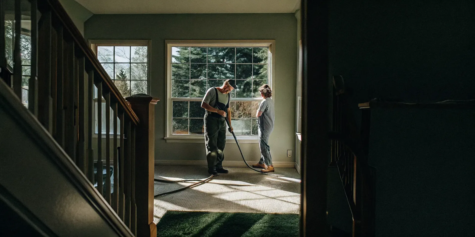 Professional carpet cleaner using truck-mounted steam cleaning system in a bright Pacific Northwest home with fresh, clean carpets