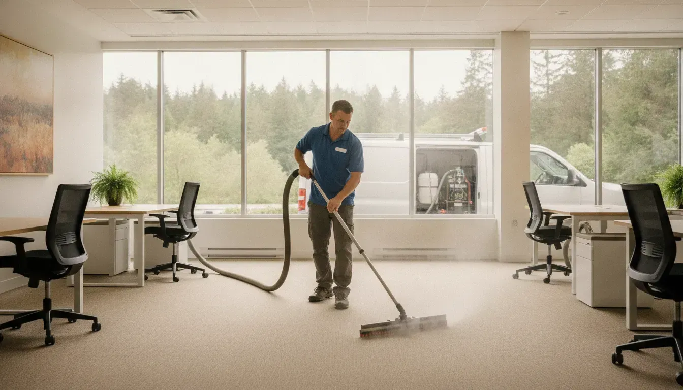 Professional commercial carpet cleaning in a bright Pacific Northwest office
