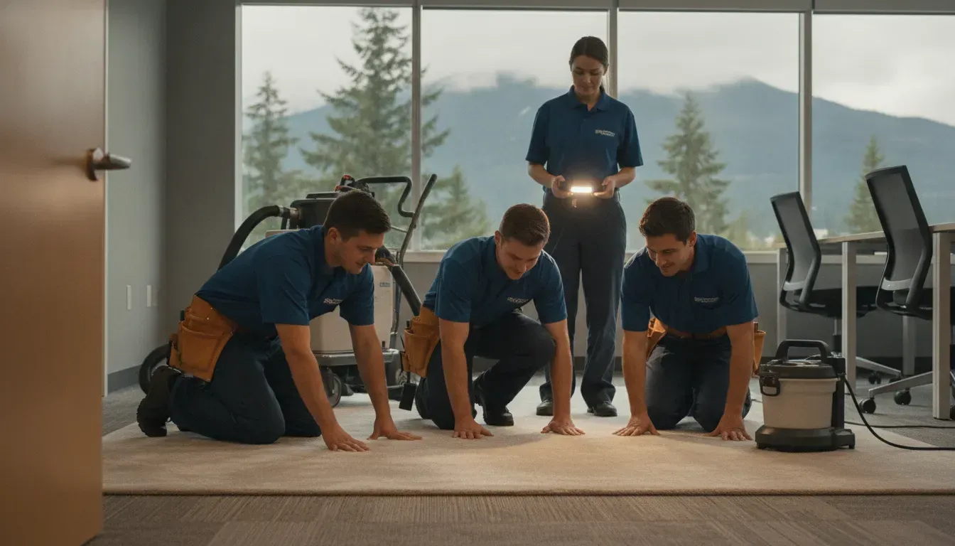 Professional carpet cleaning team inspecting clean commercial carpet