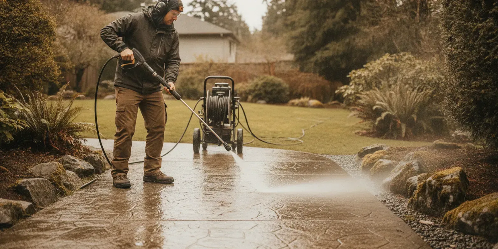 Technician using pressure washing equipment to clean an outdoor walkway