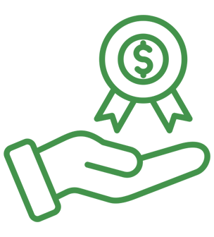 A hand is holding a medal with a dollar sign on it.