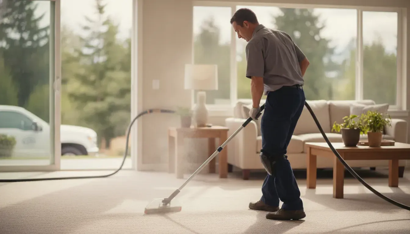 Professional carpet cleaning technician using hot water extraction equipment in a bright Renton-area home