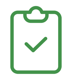 A green clipboard with a check mark on it.