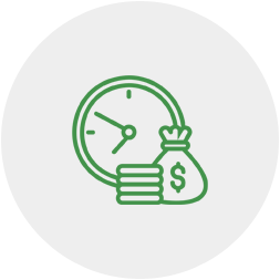 An icon of a clock , coins and a bag of money.