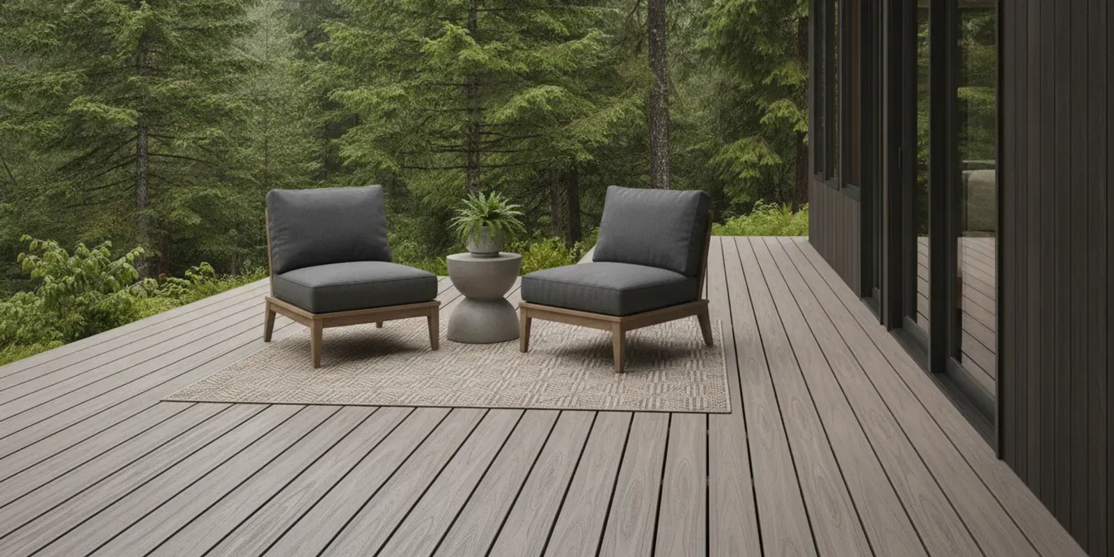 Composite deck boards beside a home, viewed in soft daylight