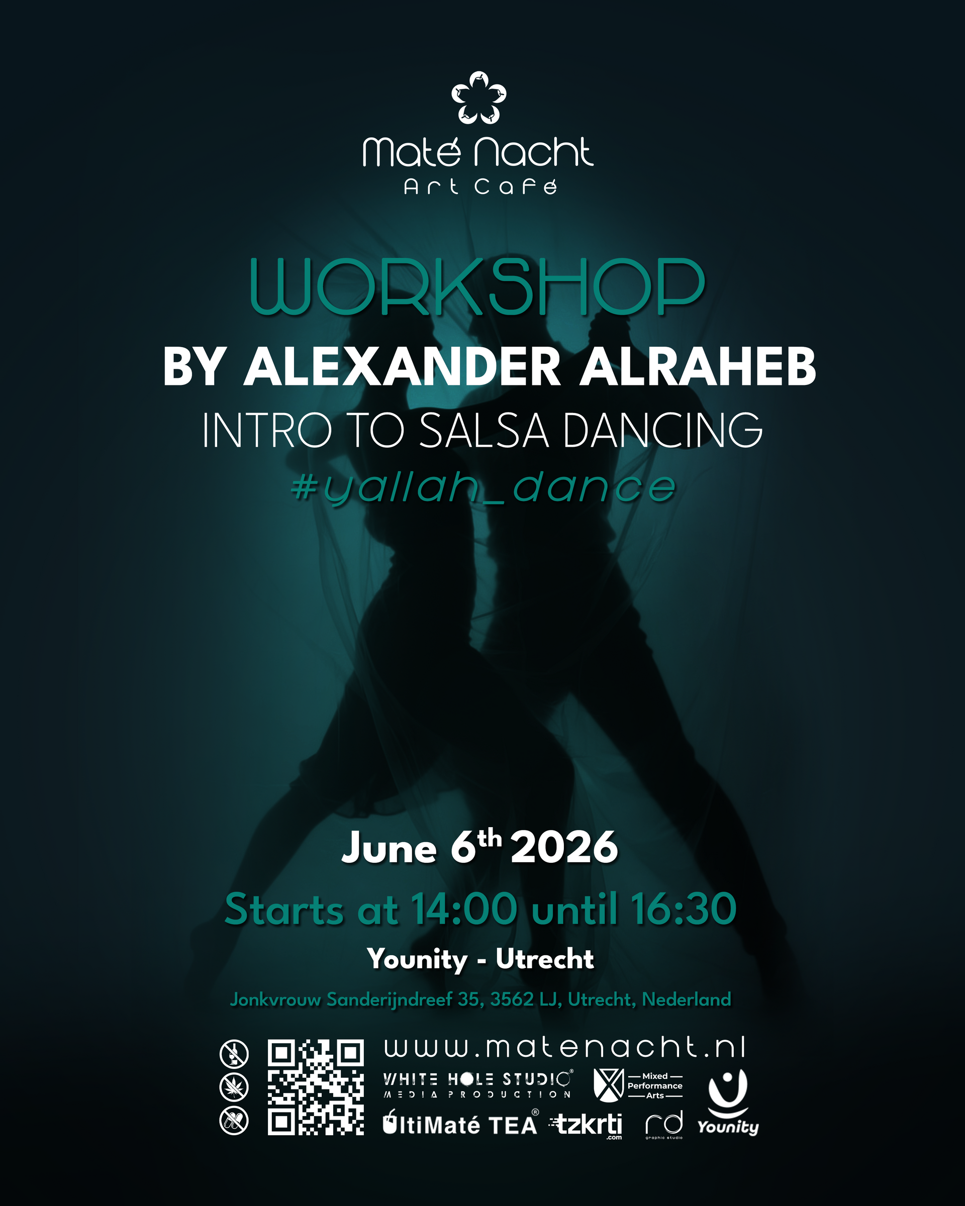 Workshopaffiche voor Alexander Alarheb, met een silhouet van een danser en details over het evenement op 6 juni 2026.
