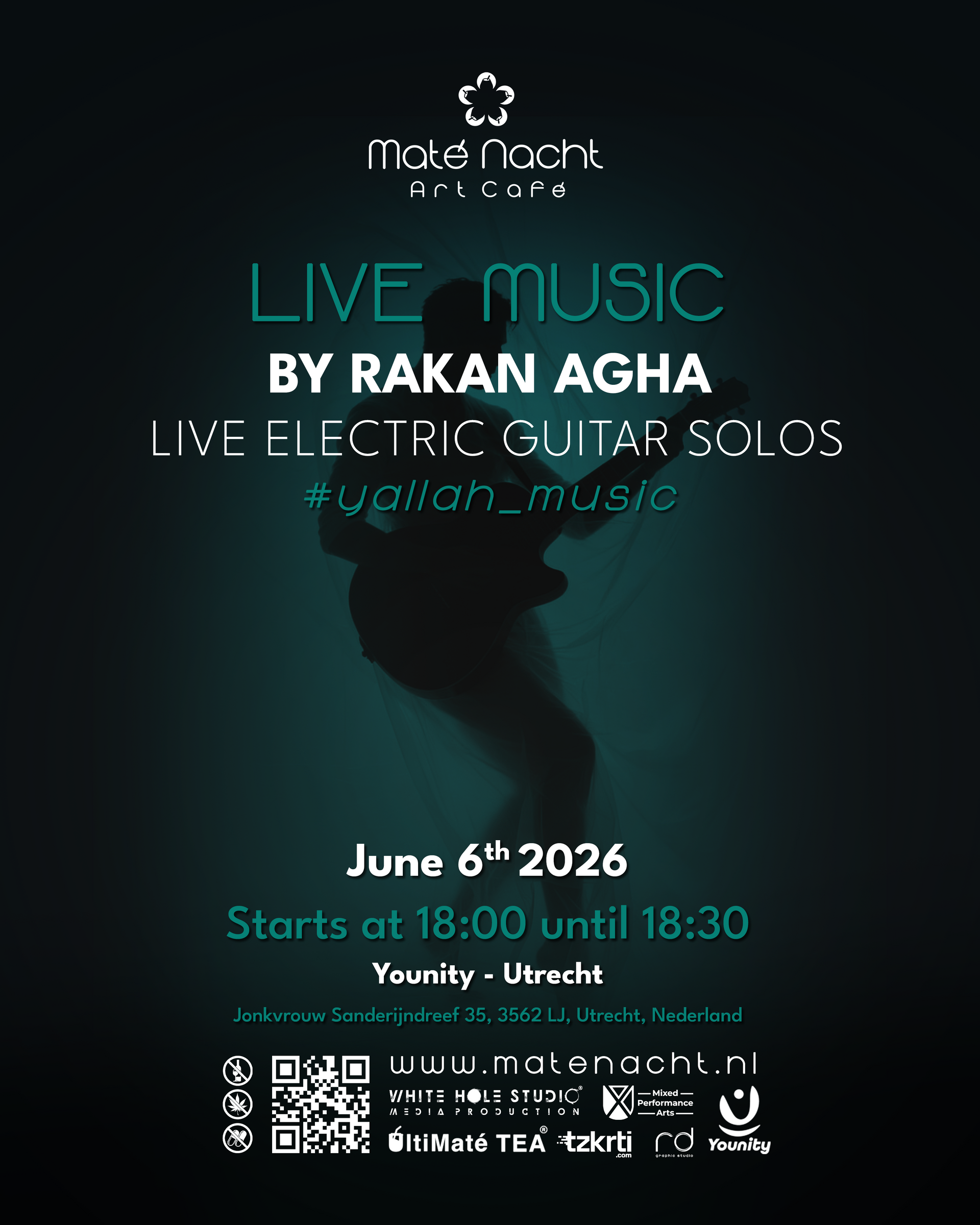 Turquoise concertposter voor “Live Music” van Rakan Agha, 6 juni 2026, met silhouet van de zanger en QR-code.