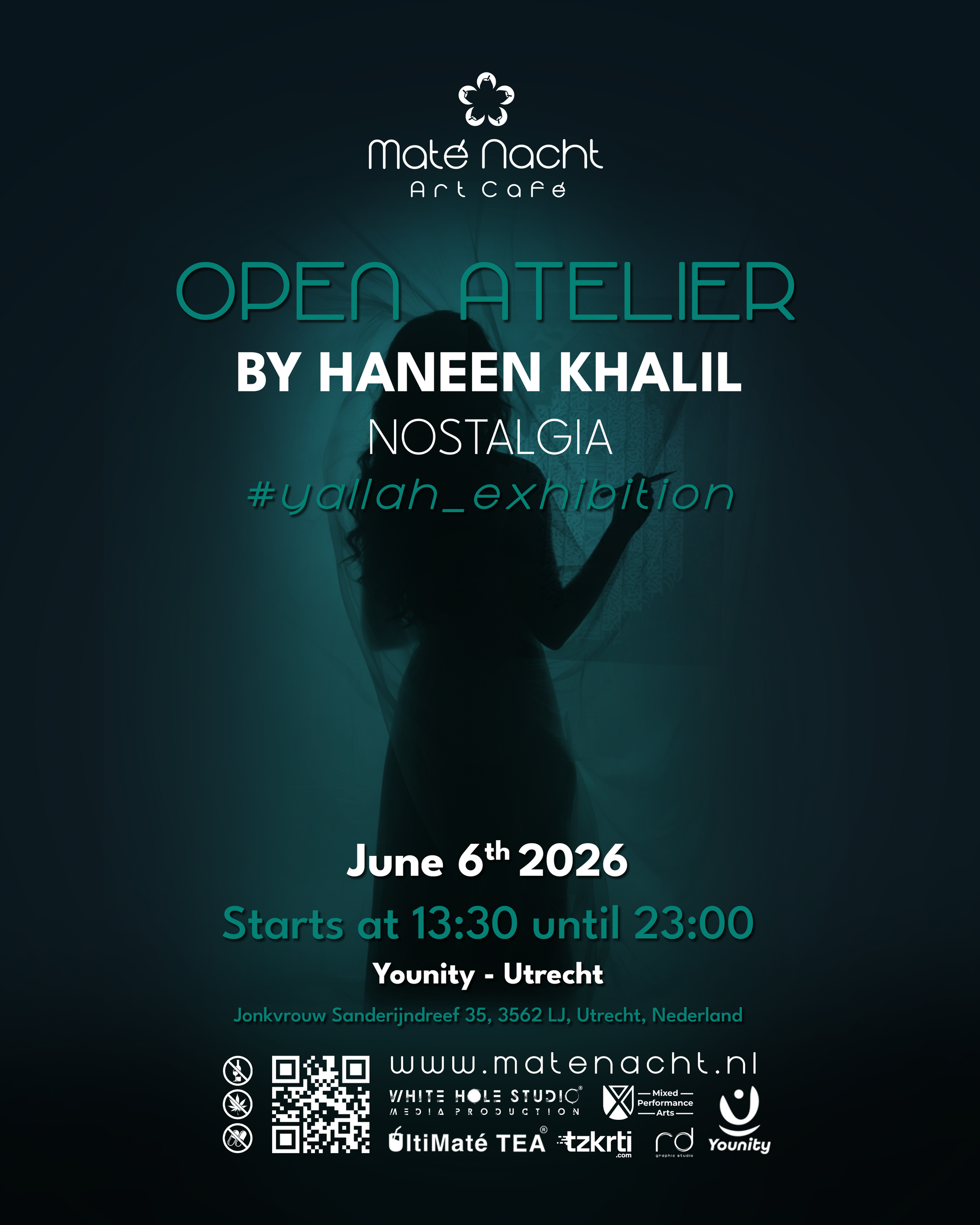 Concertposter van Open Coffee met een turquoise silhouet, 6 juni 2026, door Haneen Khalil